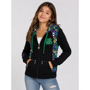 Akumu Ink Womens Black Heart Peace Print Zip Up Hoodie Velvet Lined Hood Large